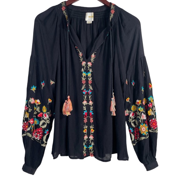 Anthropologie Maeve Lanie Boho Embroidered Peasant Top Small Black Tassel - Picture 5 of 12